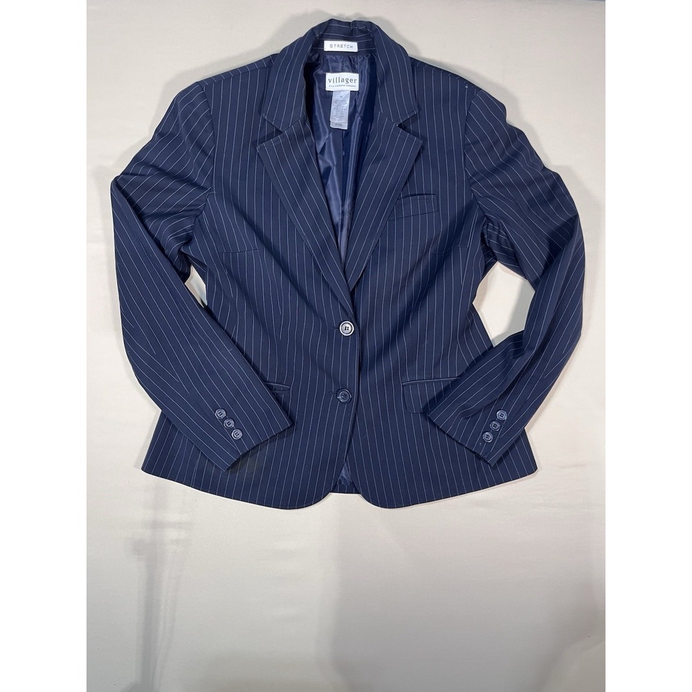 Navy Blue Pinstripe Skirt Suit Set Size 12 Stretch Blazer Business Show Classy